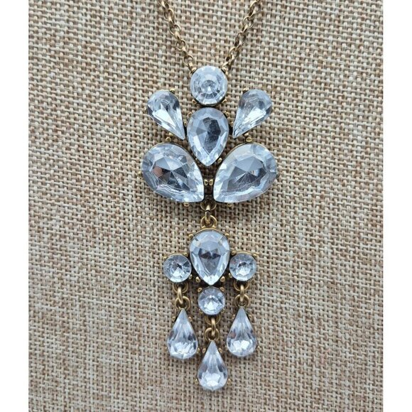 J.Crew Long Gold Tone Rollo Chain Clear Crystal Dangle Pendant Necklace 30" - Picture 3 of 6